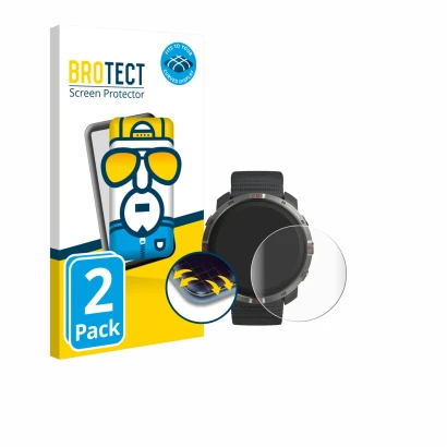 Parte frontal de un envase de producto con el logotipo de la marca BROTECT. Al lado se muestra el dispositivo Polar Grit X2 co