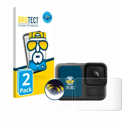 Parte frontal de un envase de producto con el logotipo de la marca BROTECT. Al lado se muestra el dispositivo GoPro Hero 13 Bl