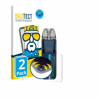 Parte frontal de un envase de producto con el logotipo de la marca BROTECT. Al lado se muestra el dispositivo Vaporesso Luxe X