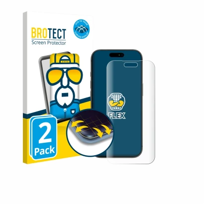 Parte frontal de un envase de producto con el logotipo de la marca BROTECT. Al lado se muestra el dispositivo Apple iPhone 17 