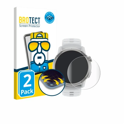 Parte frontal de un envase de producto con el logotipo de la marca BROTECT. Al lado se muestra el dispositivo Coros Apex 4 (46