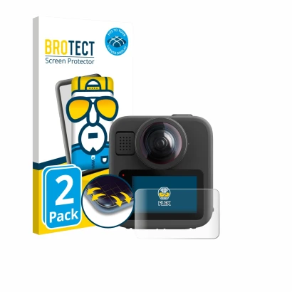 Parte frontal de un envase de producto con el logotipo de la marca BROTECT. Al lado se muestra el dispositivo GoPro Max 2 con 