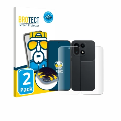 Parte frontal de un envase de producto con el logotipo de la marca BROTECT. Al lado se muestra el dispositivo OnePlus 15 (Fron