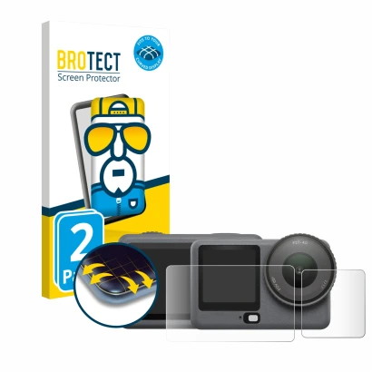 Parte frontal de un envase de producto con el logotipo de la marca BROTECT. Al lado se muestra el dispositivo DJI Osmo Action 