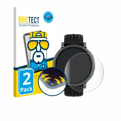 Parte frontal de un envase de producto con el logotipo de la marca BROTECT. Al lado se muestra el dispositivo Amazfit Active M