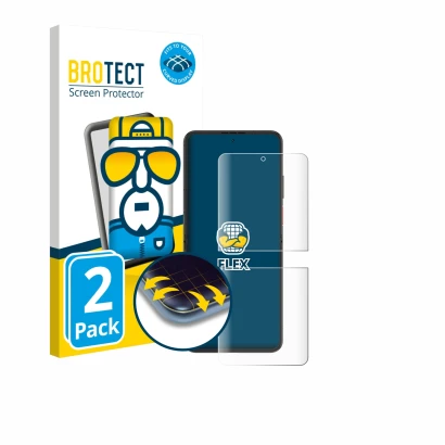 Parte frontal de un envase de producto con el logotipo de la marca BROTECT. Al lado se muestra el dispositivo Nubia Flip 2 con