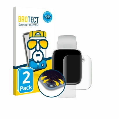 Parte frontal de un envase de producto con el logotipo de la marca BROTECT. Al lado se muestra el dispositivo HMD Watch P1 con