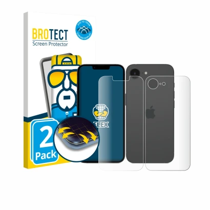 Parte frontal de un envase de producto con el logotipo de la marca BROTECT. Al lado se muestra el dispositivo Apple iPhone 17e