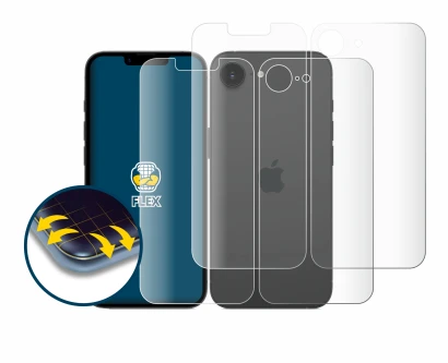 Imagen del dispositivo Apple iPhone 17e (Frontal+Trasero) con una amplia variedad de protectores de pantalla.