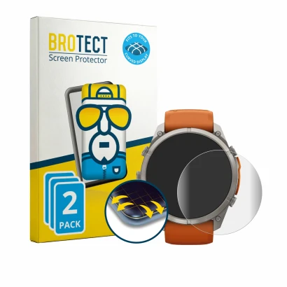 Parte frontal de un envase de producto con el logotipo de la marca BROTECT. Al lado se muestra el dispositivo Garmin Fenix 9 P