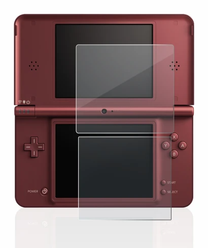 Imagen del dispositivo Nintendo DSi XL con una amplia variedad de protectores de pantalla.