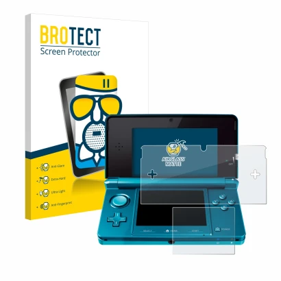 Parte frontal de un envase de producto con el logotipo de la marca BROTECT. Al lado se muestra el dispositivo Nintendo 3DS con