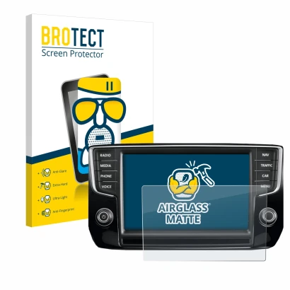 Parte frontal de un envase de producto con el logotipo de la marca BROTECT. Al lado se muestra el dispositivo Volkswagen Passa