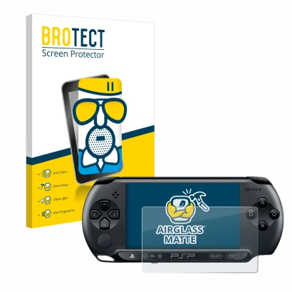 Parte frontal de un envase de producto con el logotipo de la marca BROTECT. Al lado se muestra el dispositivo Sony PSP 1004 co