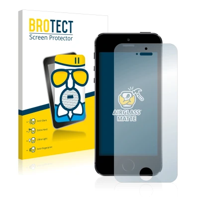 Parte frontal de un envase de producto con el logotipo de la marca BROTECT. Al lado se muestra el dispositivo Apple iPhone 5S 