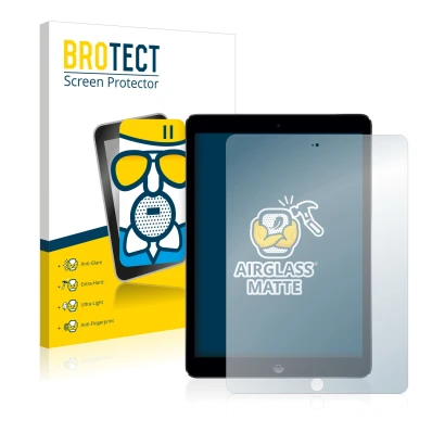 Parte frontal de un envase de producto con el logotipo de la marca BROTECT. Al lado se muestra el dispositivo Apple iPad Air 2