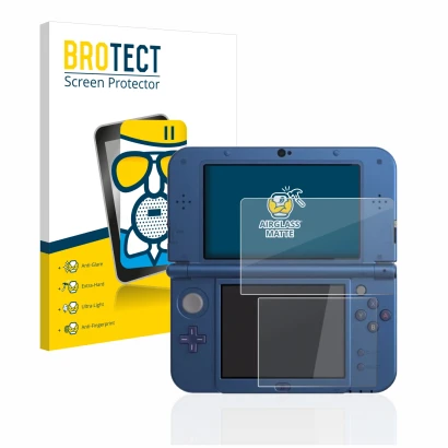 Parte frontal de un envase de producto con el logotipo de la marca BROTECT. Al lado se muestra el dispositivo Nintendo New 3DS