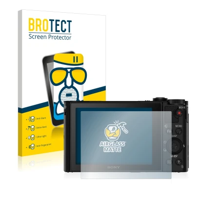 Parte frontal de un envase de producto con el logotipo de la marca BROTECT. Al lado se muestra el dispositivo Sony Cyber-Shot