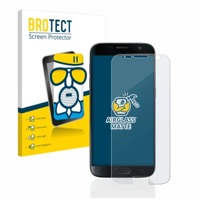 Parte frontal de un envase de producto con el logotipo de la marca BROTECT. Al lado se muestra el dispositivo Samsung Galaxy S