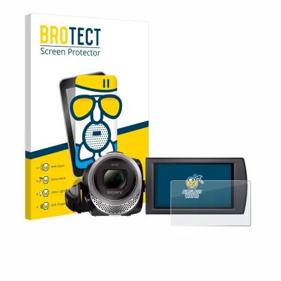 Parte frontal de un envase de producto con el logotipo de la marca BROTECT. Al lado se muestra el dispositivo Sony FDR-AX53 co