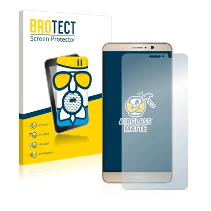 Parte frontal de un envase de producto con el logotipo de la marca BROTECT. Al lado se muestra el dispositivo Huawei Mate 9 co