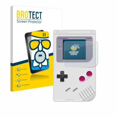 Parte frontal de un envase de producto con el logotipo de la marca BROTECT. Al lado se muestra el dispositivo Nintendo Gameboy