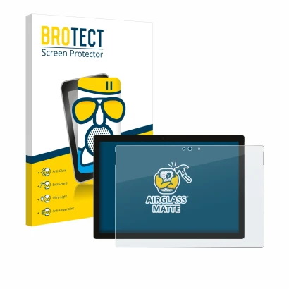 Parte frontal de un envase de producto con el logotipo de la marca BROTECT. Al lado se muestra el dispositivo Microsoft Surfac