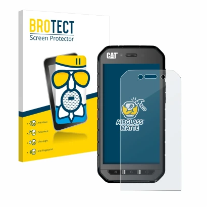 Parte frontal de un envase de producto con el logotipo de la marca BROTECT. Al lado se muestra el dispositivo Caterpillar Cat 