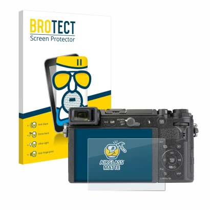 Parte frontal de un envase de producto con el logotipo de la marca BROTECT. Al lado se muestra el dispositivo Panasonic Lumix 