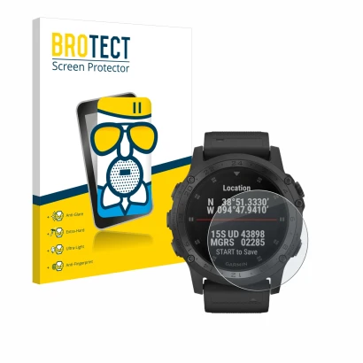Parte frontal de un envase de producto con el logotipo de la marca BROTECT. Al lado se muestra el dispositivo Garmin Tactix Ch