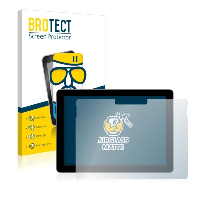 Parte frontal de un envase de producto con el logotipo de la marca BROTECT. Al lado se muestra el dispositivo Microsoft Surfac