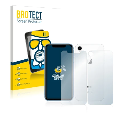 Parte frontal de un envase de producto con el logotipo de la marca BROTECT. Al lado se muestra el dispositivo Apple iPhone XR 