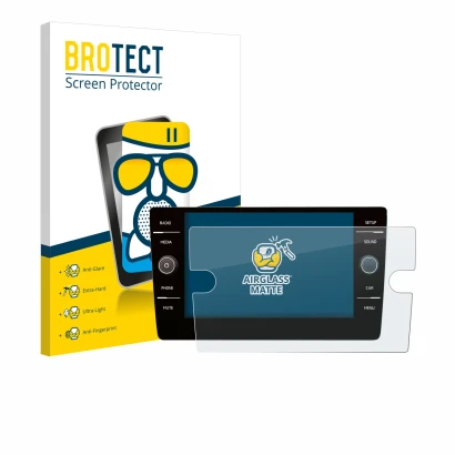 Parte frontal de un envase de producto con el logotipo de la marca BROTECT. Al lado se muestra el dispositivo Volkswagen Golf 