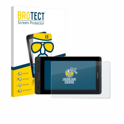 Parte frontal de un envase de producto con el logotipo de la marca BROTECT. Al lado se muestra el dispositivo Huion Kamvas Pro