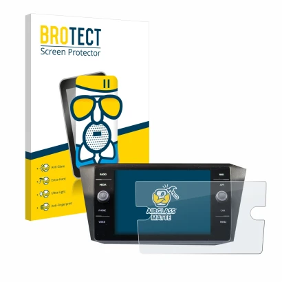 Parte frontal de un envase de producto con el logotipo de la marca BROTECT. Al lado se muestra el dispositivo Volkswagen Tigua