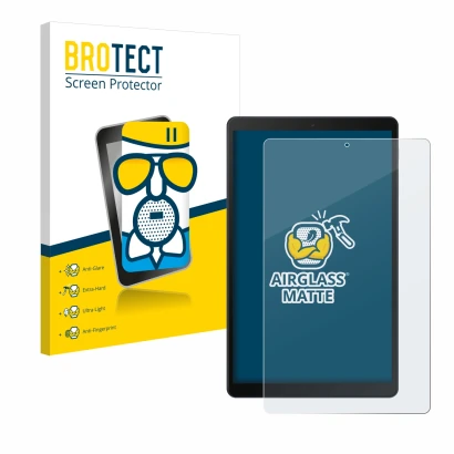 Parte frontal de un envase de producto con el logotipo de la marca BROTECT. Al lado se muestra el dispositivo Samsung Galaxy T