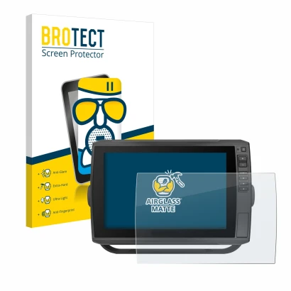 Parte frontal de un envase de producto con el logotipo de la marca BROTECT. Al lado se muestra el dispositivo Garmin ECHOMAP U