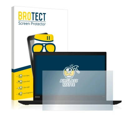 Parte frontal de un envase de producto con el logotipo de la marca BROTECT. Al lado se muestra el dispositivo Lenovo ThinkPad 