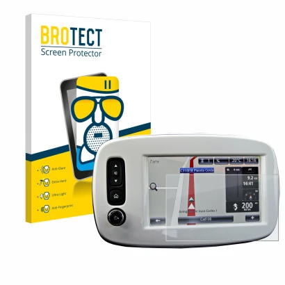 Parte frontal de un envase de producto con el logotipo de la marca BROTECT. Al lado se muestra el dispositivo TomTom Smart 453