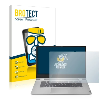 Parte frontal de un envase de producto con el logotipo de la marca BROTECT. Al lado se muestra el dispositivo Lenovo IdeaPad C