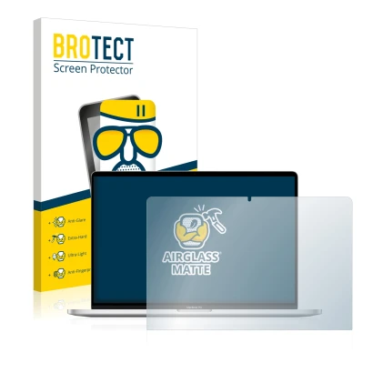 Parte frontal de un envase de producto con el logotipo de la marca BROTECT. Al lado se muestra el dispositivo Apple MacBook Pr