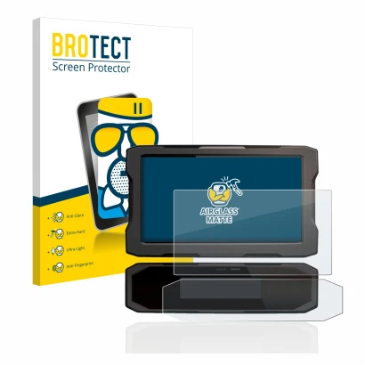 Parte frontal de un envase de producto con el logotipo de la marca BROTECT. Al lado se muestra el dispositivo Honda CRF1100L 2