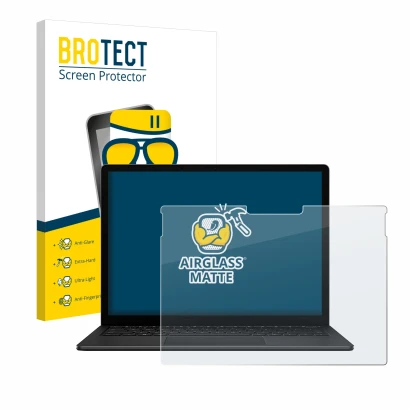 Parte frontal de un envase de producto con el logotipo de la marca BROTECT. Al lado se muestra el dispositivo Microsoft Surfac