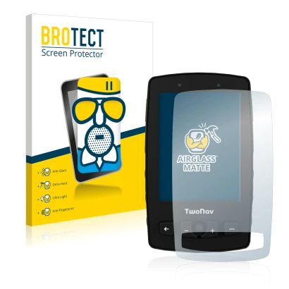 Parte frontal de un envase de producto con el logotipo de la marca BROTECT. Al lado se muestra el dispositivo TwoNav Aventura 