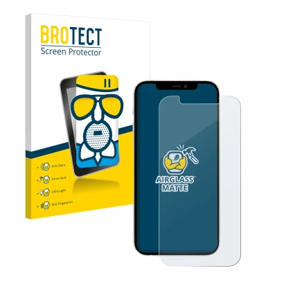 Parte frontal de un envase de producto con el logotipo de la marca BROTECT. Al lado se muestra el dispositivo Apple iPhone 12 