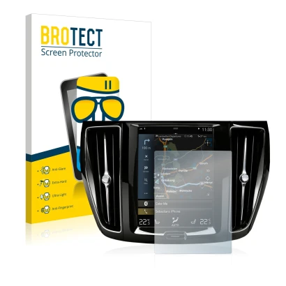 Parte frontal de un envase de producto con el logotipo de la marca BROTECT. Al lado se muestra el dispositivo Volvo S60 Sensus