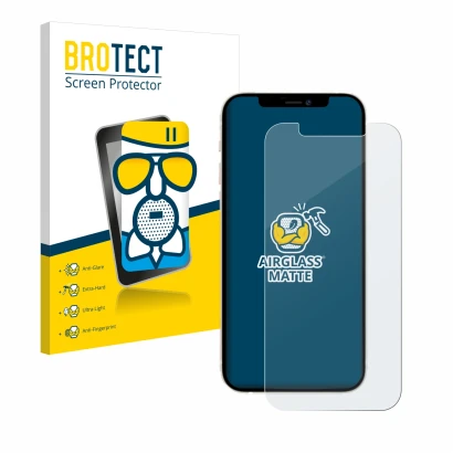 Parte frontal de un envase de producto con el logotipo de la marca BROTECT. Al lado se muestra el dispositivo Apple iPhone 12 