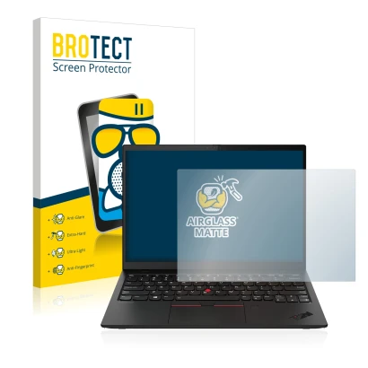 Parte frontal de un envase de producto con el logotipo de la marca BROTECT. Al lado se muestra el dispositivo Lenovo ThinkPad 