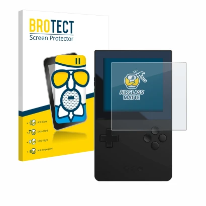 Parte frontal de un envase de producto con el logotipo de la marca BROTECT. Al lado se muestra el dispositivo Analogue Pocket 