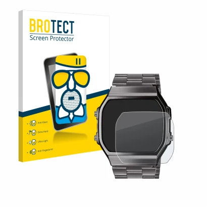 Parte frontal de un envase de producto con el logotipo de la marca BROTECT. Al lado se muestra el dispositivo Casio A168WEGG-1